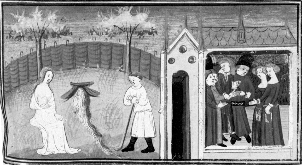 Decameron, Cimon observerar Iphigenia; ett dubbelbröllop firas. Femte dagen, novell 1 av Giovanni Boccaccio