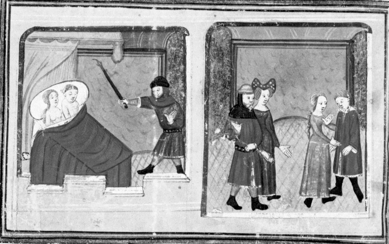 Decameron, Cimon observerar Iphigenia; ett dubbelbröllop firas. Femte dagen, novell 4 av Giovanni Boccaccio