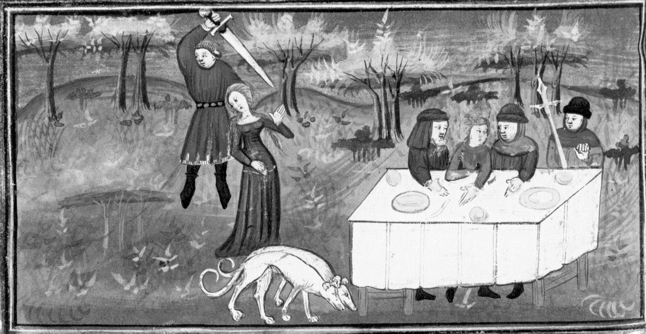 Decameron, Män vid en bankett ser en riddare attackera en ung flicka. Femte dagen, novell 8 av Giovanni Boccaccio