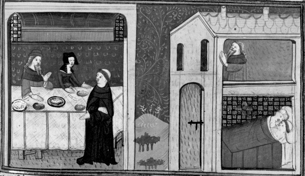 Decameron, Don Felice är bjuden till broder Puccios bord; Don Felice ligger i sängen med Puccios hustru. Tredje dagen, novell 4 av Giovanni Boccaccio