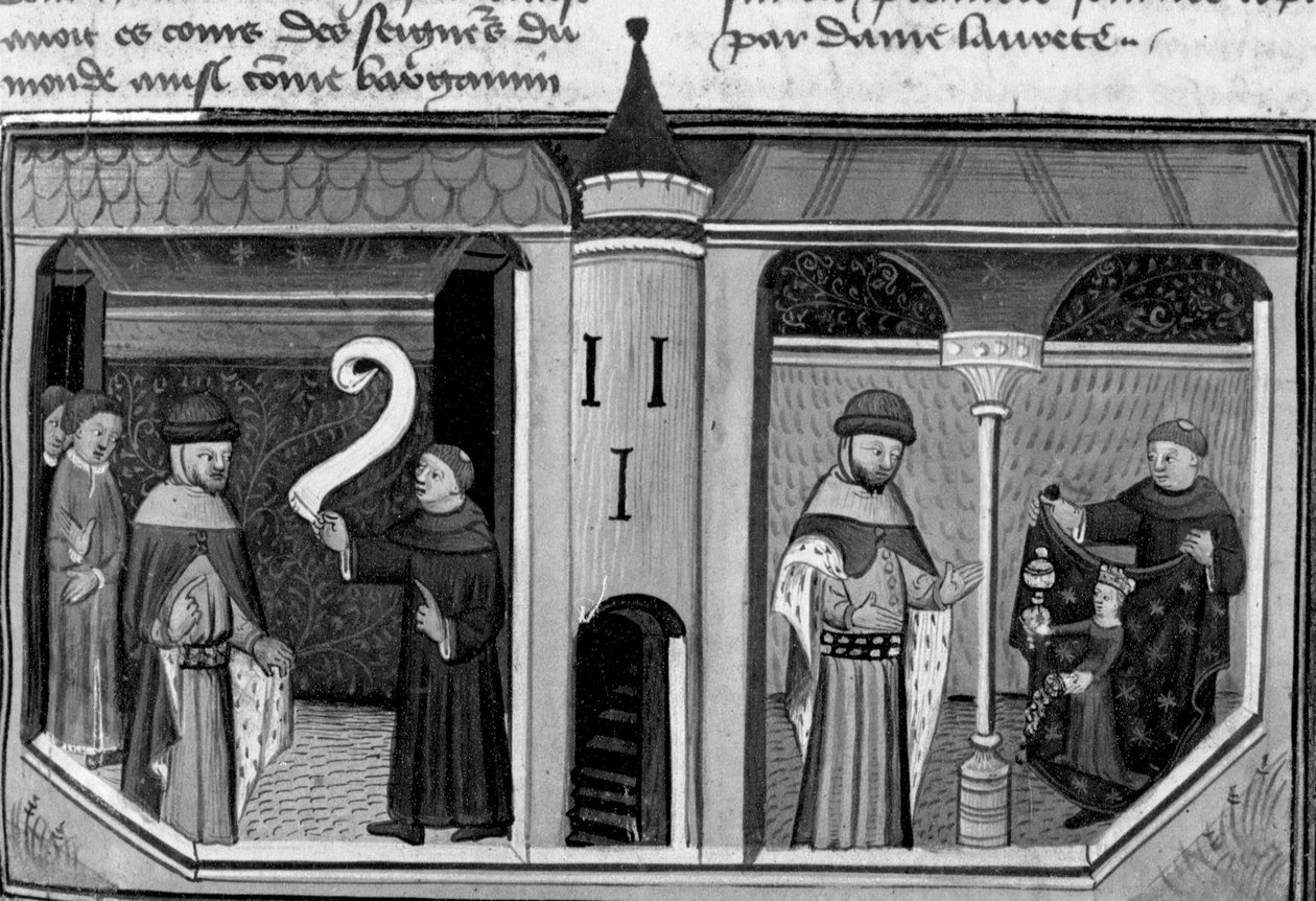 Decameron, Ermino Grimaldi frågar Guillaume Borsiere; Guillaume visar honom bilden av Courtesy. Första dagen, nyhet 8. av Giovanni Boccaccio