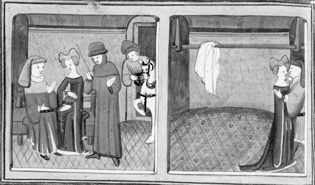 Decameron, Francesco Vergellesi låter Zima tala med sin fru; Zima och Francescos fru utbyter en kyss. Tredje dagen, novell 5 av Giovanni Boccaccio