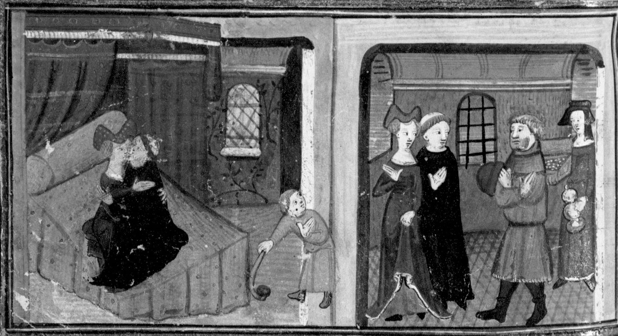 Decameron, Broder Rinaldo ligger med sin gudson; brodern belönas av barnets far . Sjunde dagen, novell 3 av Giovanni Boccaccio