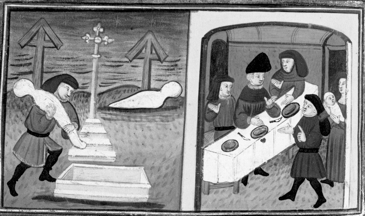 Decameron, Gentile Carisendi räddar Catalina ur graven; mannen presenterar kvinnan och hennes son för gästerna. Tionde dagen, novell 4 av Giovanni Boccaccio