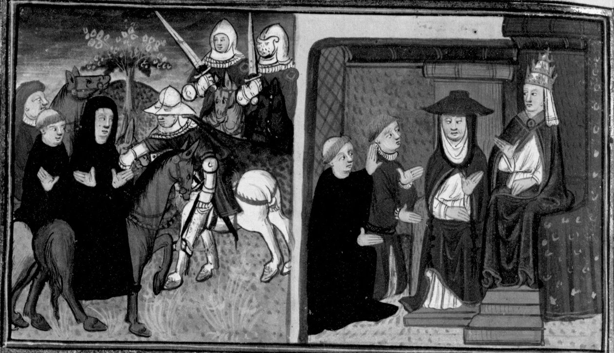 Decameron, Ghino di Tacco fångar abboten i Clignì; abboten går i förbindelse för Ghino med påven. Tionde dagen, nyhet 2 av Giovanni Boccaccio