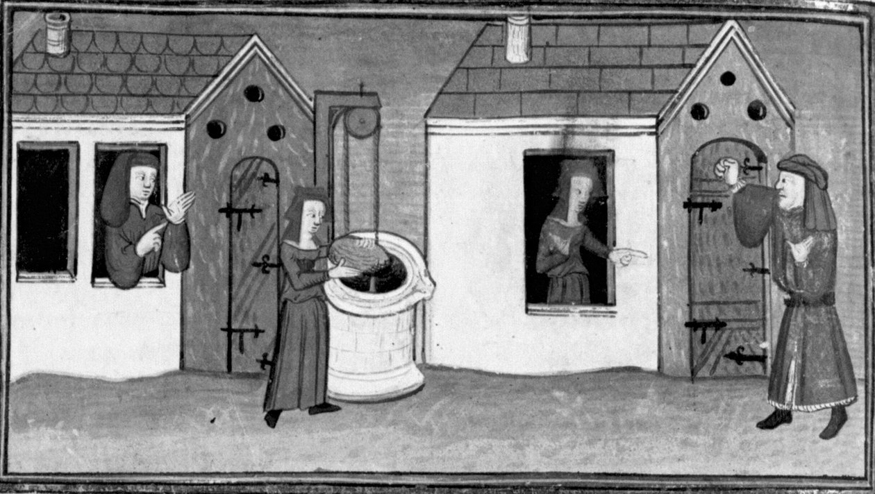 Decameron, Ghita kastar en sten i brunnen; Tofano är utelåst ur huset . Sjunde dagen, novell 4 av Giovanni Boccaccio