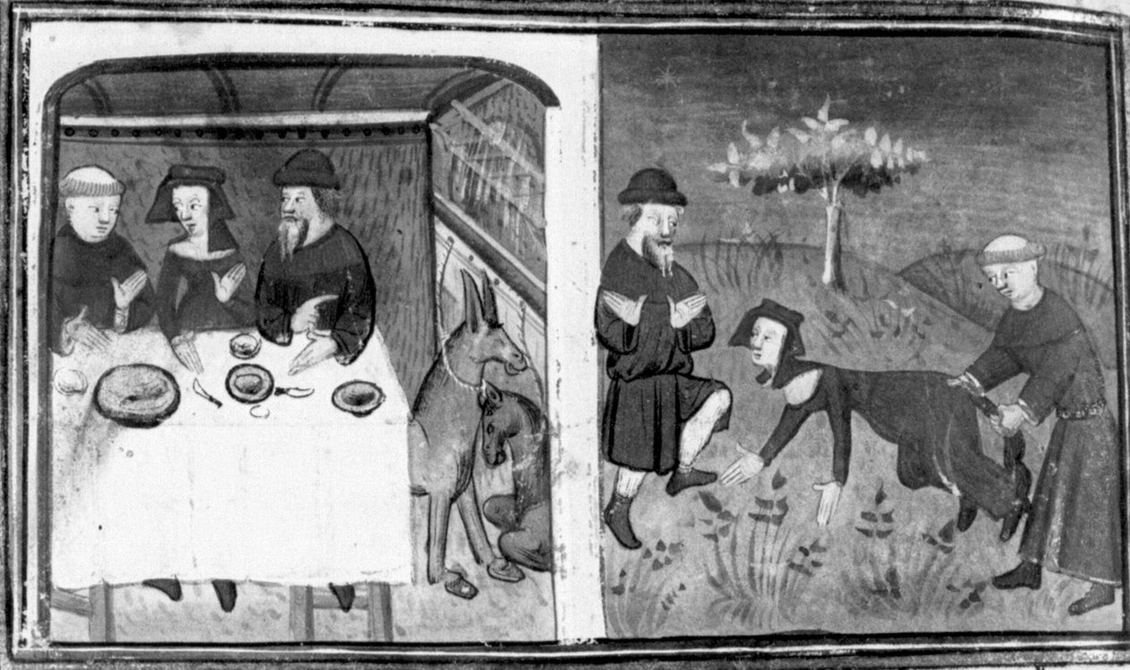 Decameron, Gianni di Barolo sitter till bords med Pietro da Tresanti och hans hustru; Gianni försöker knyta kvinnans svans. Dag nio, novell 10 av Giovanni Boccaccio