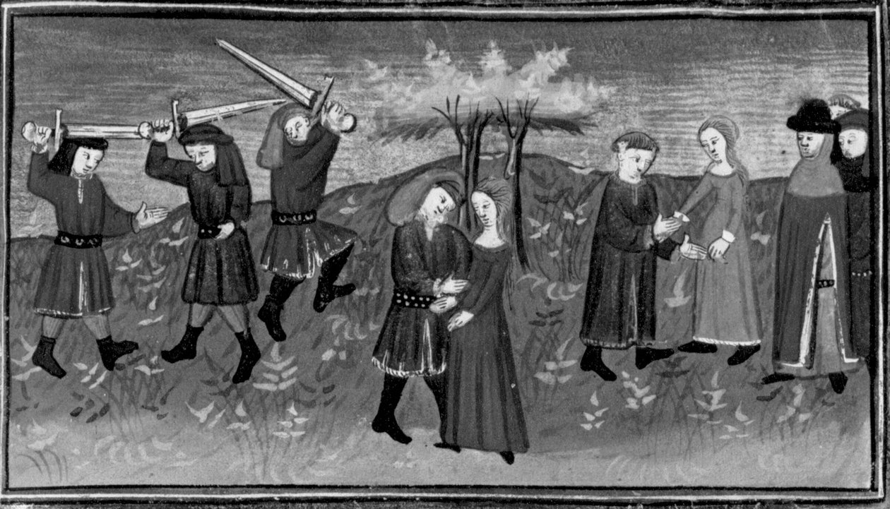 Décaméron, Giannole och Minghino försöker kidnappa Agnès; Agnès gifter sig med Minghino. Femte dagen, novell 5 av Giovanni Boccaccio