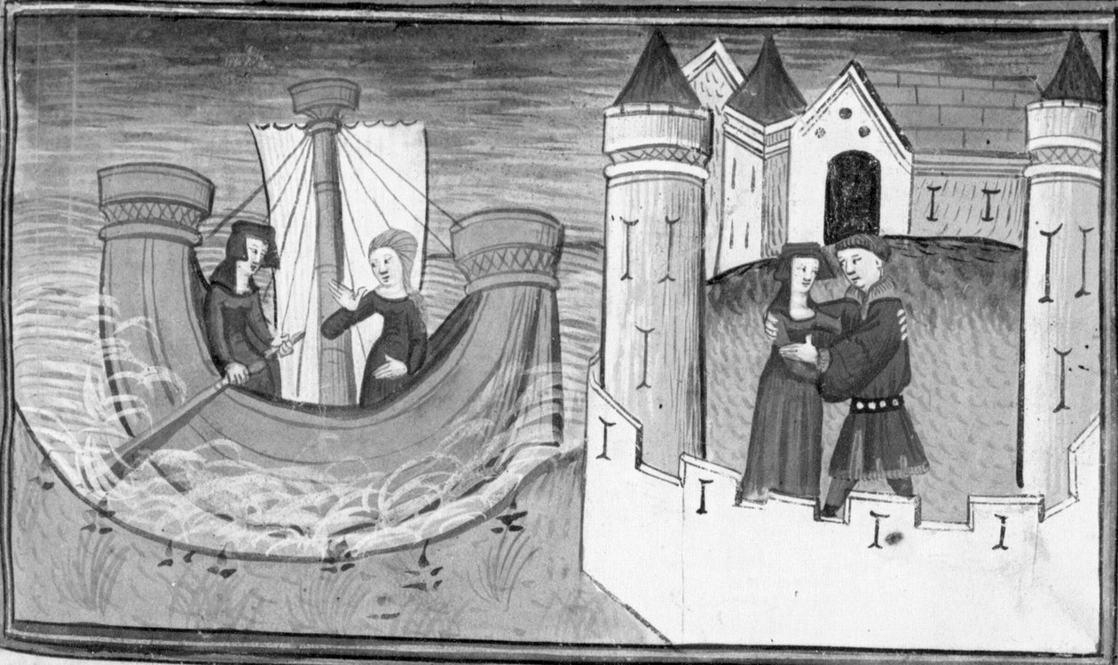 Decameron, Gostanza driver omkring på en båt; Gostanza återförenas med Martuccio. Femte dagen, novell 2 av Giovanni Boccaccio