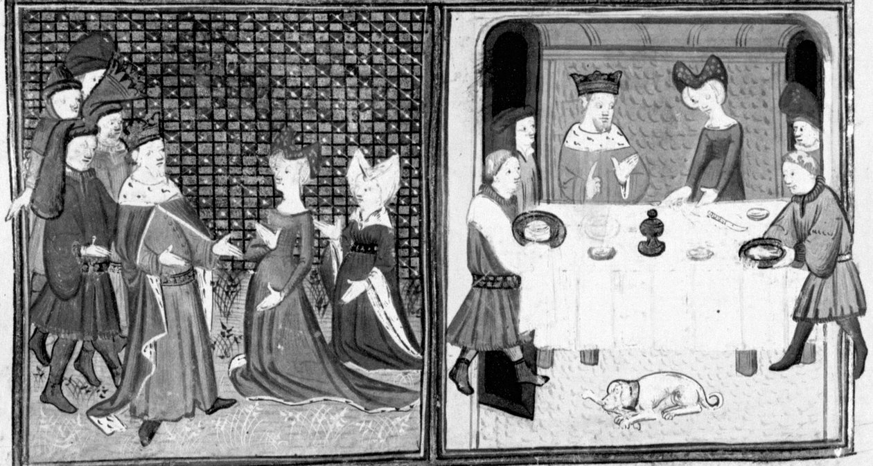 Decameron, Markisinnan av Montferrat tar emot Filip den enögde; adelsmännen sätter sig till bords för en bankett. Första dagen, ny 5. av Giovanni Boccaccio