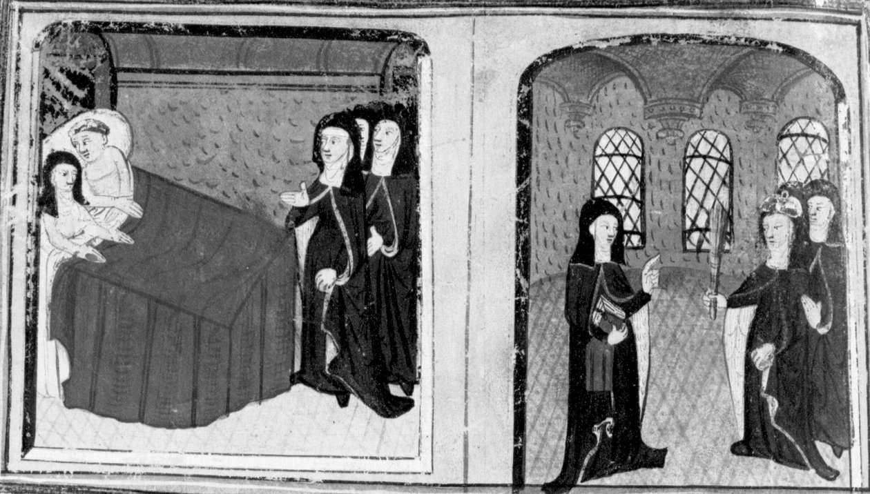 Decameron, Nunnan Isabella ertappas i säng med en älskare; abbedissan skäller ut Isabella. Nionde dagen, novell 2 av Giovanni Boccaccio