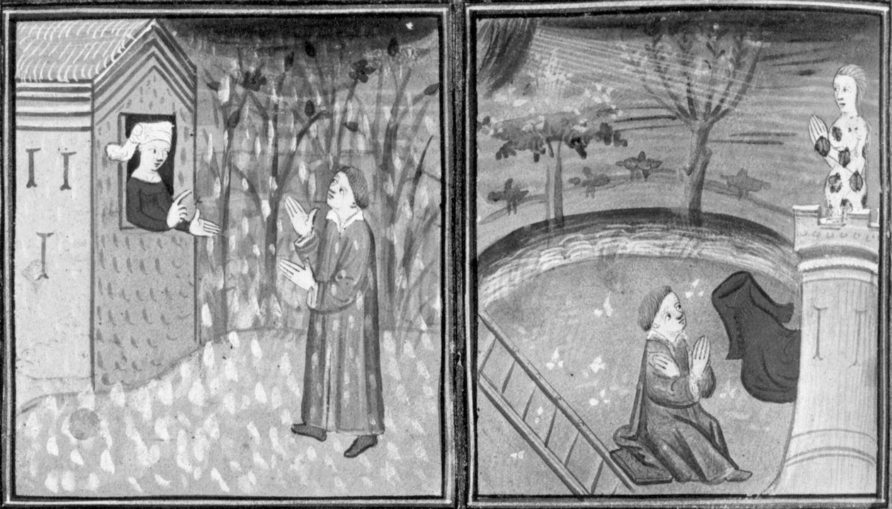 Decameron, Änkan Elena låser ut Rinieri ur huset; mannen lämnar kvinnan naken högst upp i ett torn. Åttonde dagen, novell 7 av Giovanni Boccaccio