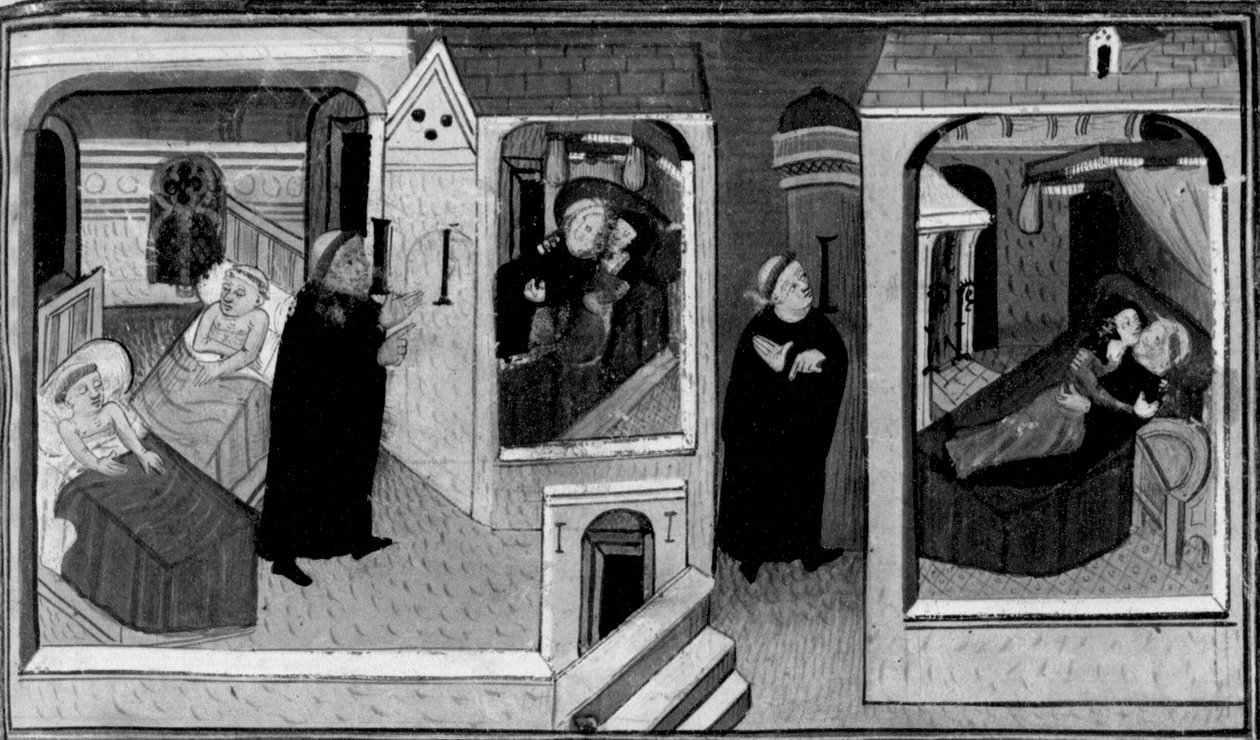 Decameron, Abboten spionerar på munken i hans cell; munken i sin tur spionerar på abboten. Första dagen, nyhet 4. av Giovanni Boccaccio