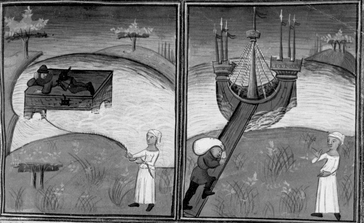 Decameron, Landolfo Rufolo räddas av en kvinna; Landolfo återvänder hem. Andra dagen, novell 4 av Giovanni Boccaccio