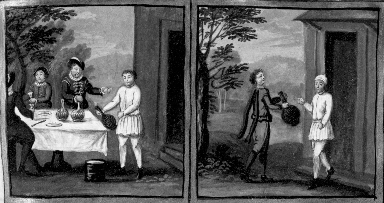 Decameron, Bagaren Cisti bjuder Geri Spina och hennes gäster på vin; en av Geris tjänare går till Cistis hus för att be om vin. Sjätte dagen, novell 2 av Giovanni Boccaccio