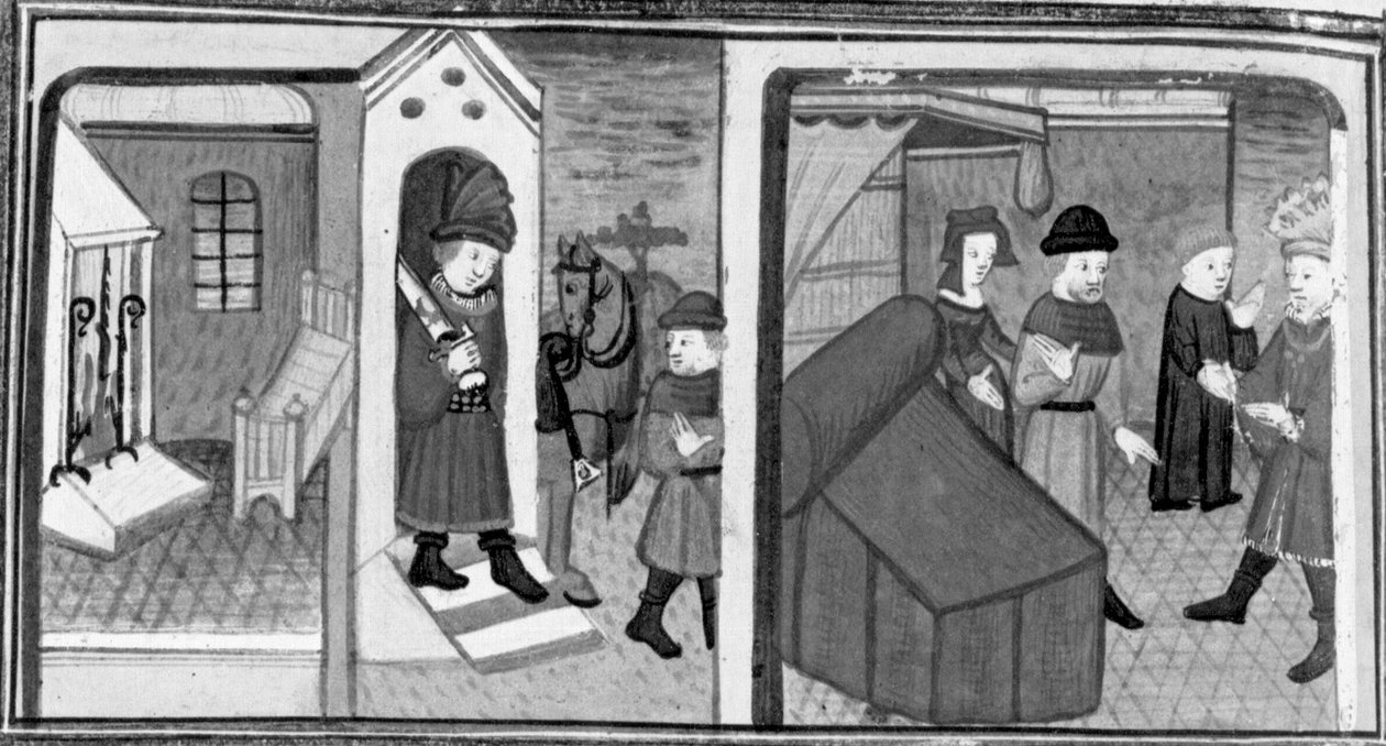 Decameron, Riddaren Lambertuccio rymmer från Isabellas rum; kvinnans man hittar älskaren i rummet . Sjunde dagen, novell 6 av Giovanni Boccaccio