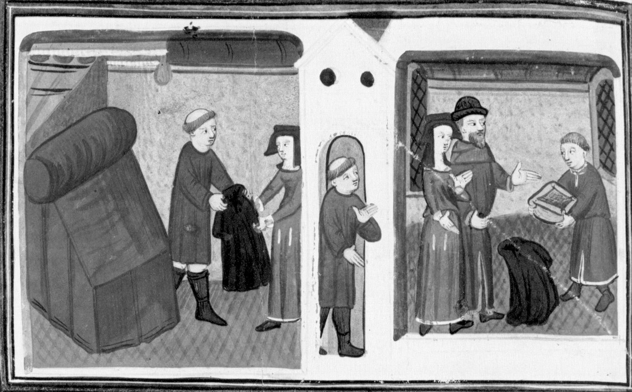 Decameron, Kyrkoherden i Varlungo pantsätter sin rock till Madame Belcolore; en präst ger kvinnan en mortel. Åttonde dagen, novell 2 av Giovanni Boccaccio