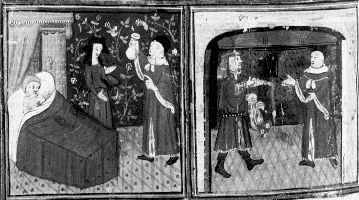 Decameron, Simone läkaren ger Calandrino infusionen; Calandrino betalar läkaren. Nionde dagen, novell 3 av Giovanni Boccaccio