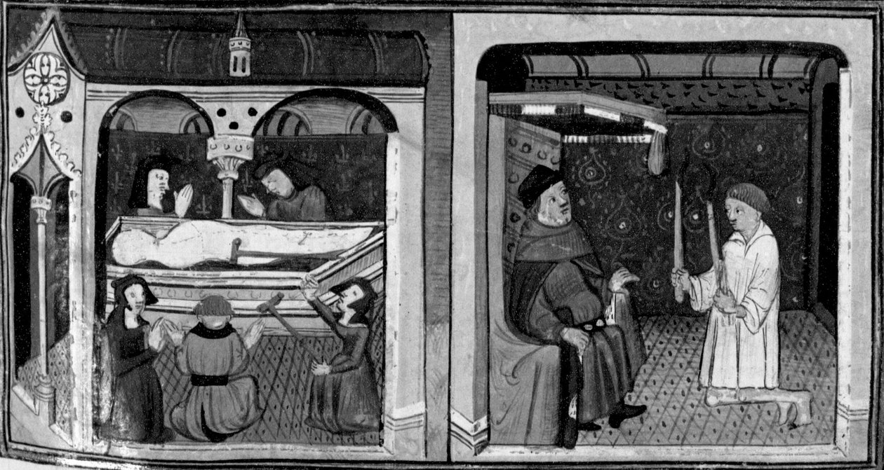 Decameron, De handikappade och lidande går till ett helgons grav; Martellino framträder i rätten. Andra dagen, novell 1 av Giovanni Boccaccio