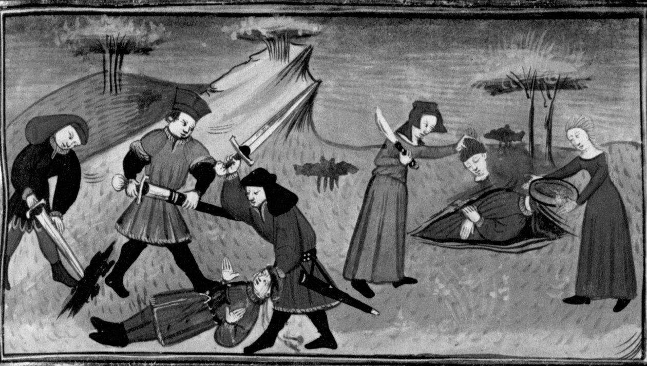 Decameron, Lorenzo dödas av Lisabettas bröder; Lisabetta gömmer sin älskades huvud i en vas. Fjärde dagen, novell 5 av Giovanni Boccaccio