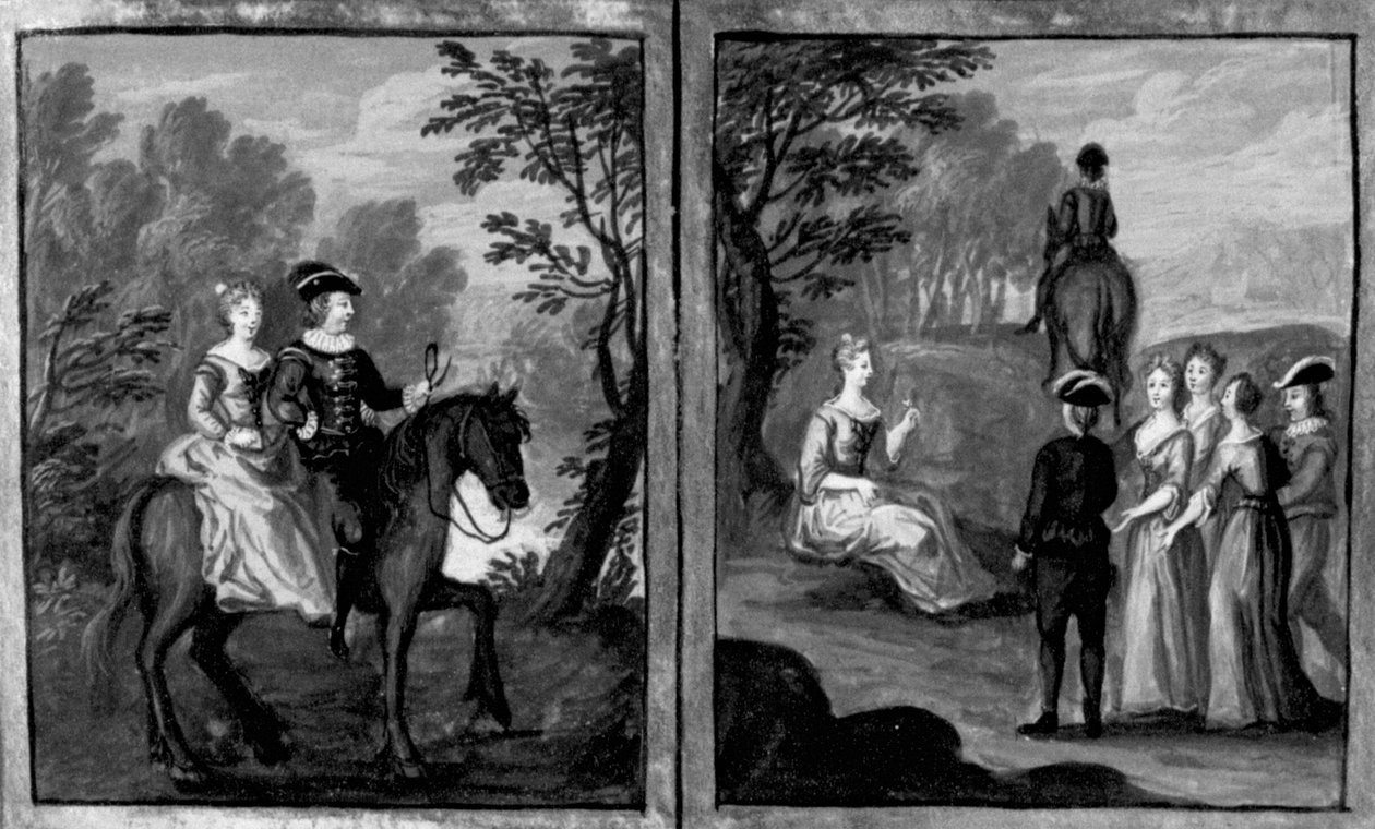 Decameron, Madame Oretta går med på att rida med en ryttare; Oretta stiger av. Sjätte dagen, novell 1 av Giovanni Boccaccio