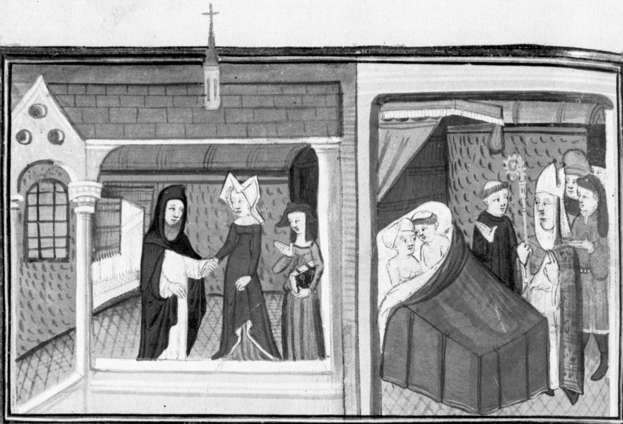 Decameron, Madame Piccarda besöker församlingsprästen i Fiesole; församlingsprästen överraskas av biskopen i säng med pigan. Dag åtta, novell 4 av Giovanni Boccaccio