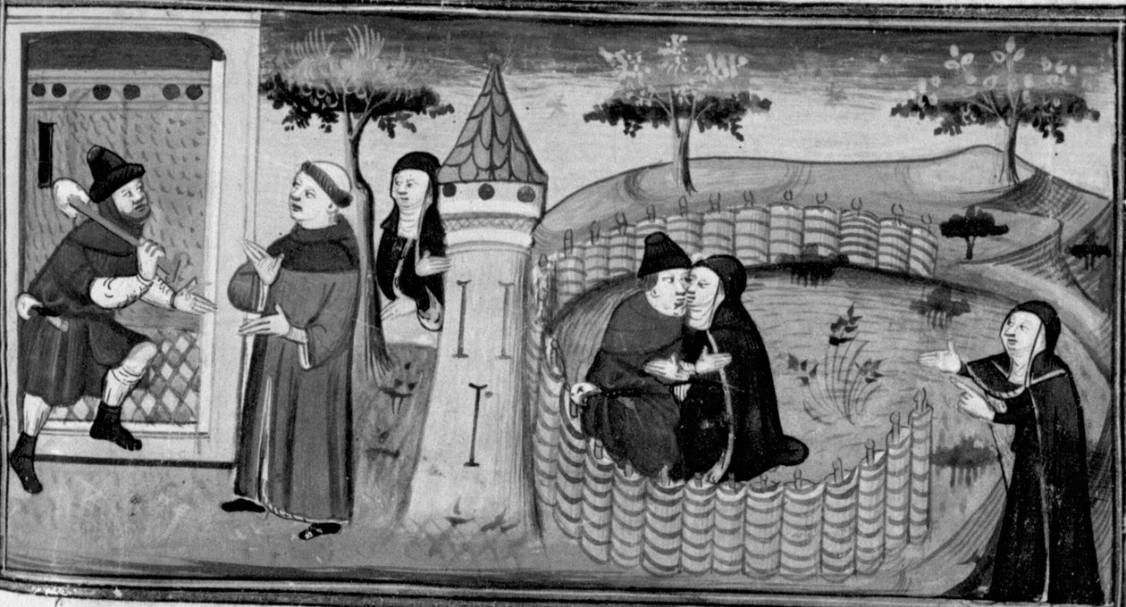 Decameron, Masetto ber förmyndaren om tillstånd att gå in i klostret; Masetto kysser en nunna. Tredje dagen, novell 1 av Giovanni Boccaccio