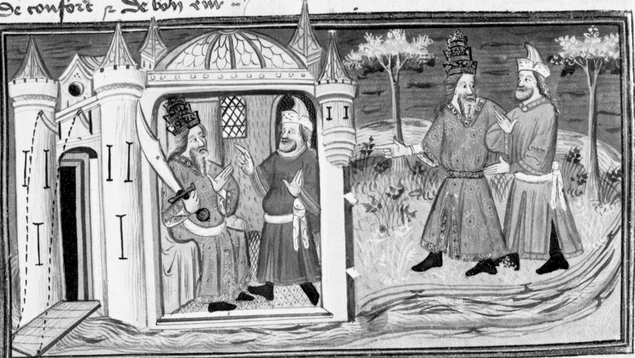 Decameron, Melchisedek berättar för Saladin liknelsen om de tre ringarna; de två männen blir vänner. Första dagen, novell 3. av Giovanni Boccaccio