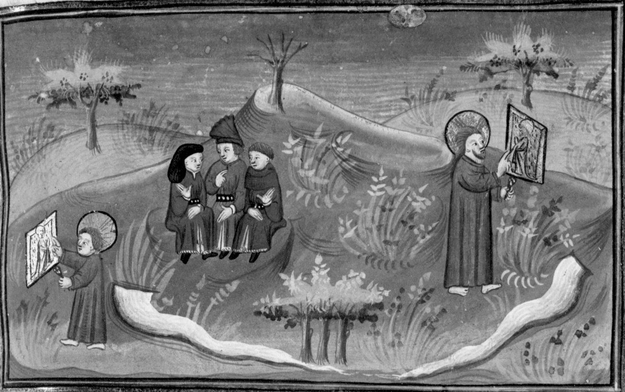 Decameron, Michele Scalza pratar med sina vänner; Gud som barn lär sig rita; Gud som vuxen visar en färdig plan . Sjätte dagen, novell 6 av Giovanni Boccaccio