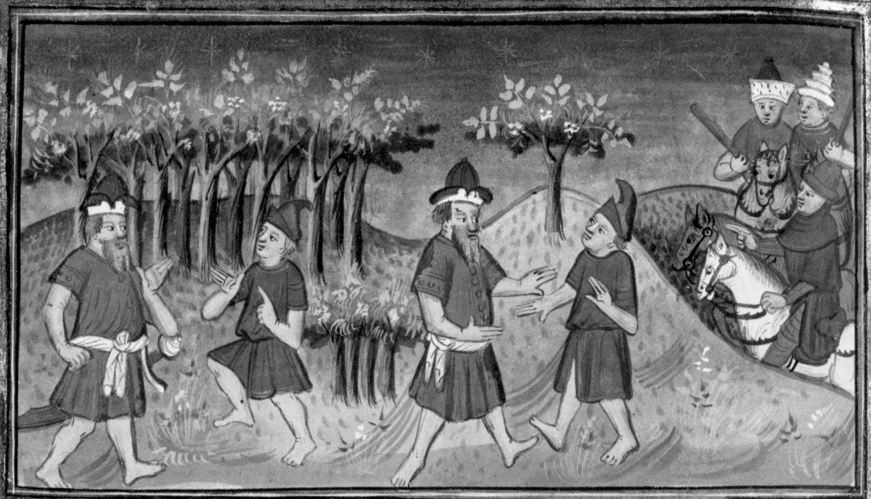 Dekameronen, Mitridanes möter Natan i skogen; de två männen försonas. Tionde dagen, novell 1 av Giovanni Boccaccio