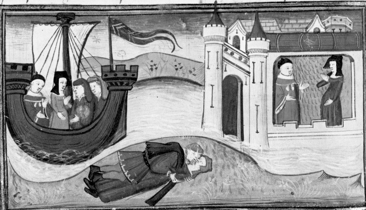 Decameron, Paganino kidnappar Ricciardos fru; Paganino ligger med Bartolomea; Ricciardo pratar med sin fru. Andra dagen, novell 10 av Giovanni Boccaccio