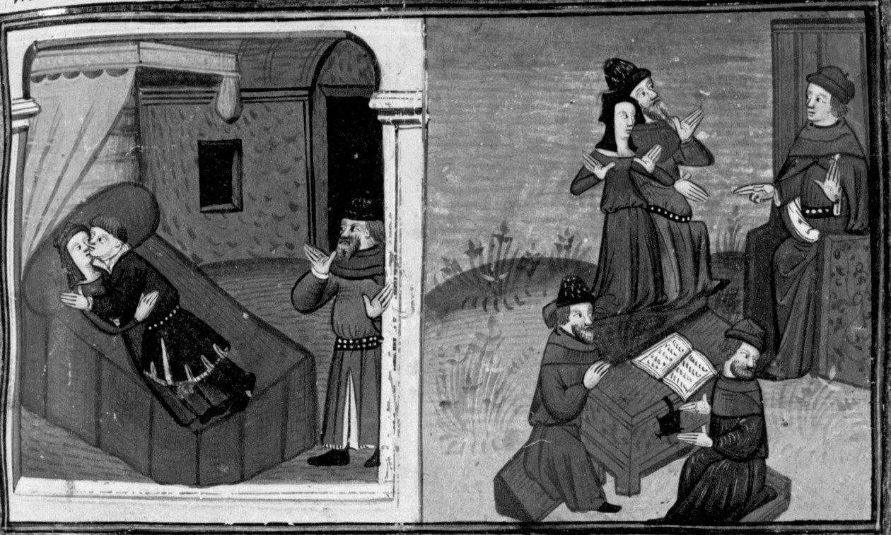 Dekameron, Philippa blir upptäckt av sin man under äktenskapsbrott; hustrun försvarar sig inför domaren . Sjätte dagen, novell 7 av Giovanni Boccaccio