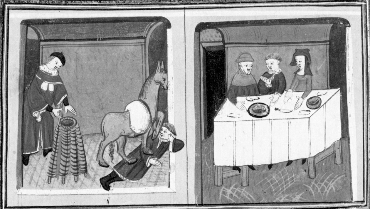 Decameron, Peter av Vinciolo upptäcker älskaren i stallet; Peter av Vinciolo sitter till bords med sin hustru och hennes älskare. Femte dagen, novell 10 av Giovanni Boccaccio