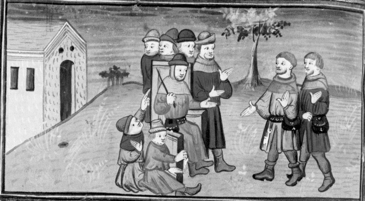 Decameron, Ribi och Maso del Saggio distraherar domare Nicola medan Matteuzzo drar på sig byxorna. Dag åtta, nyhet 5 av Giovanni Boccaccio
