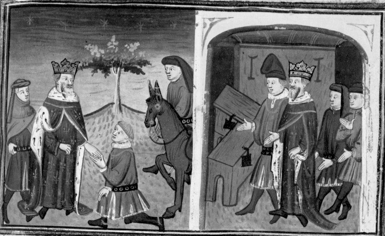 Decameron, Ruggieri lämnar kung Alfonso; kungen uppmanar Ruggieri att välja mellan två kistor. Tionde dagen, novell 1 av Giovanni Boccaccio