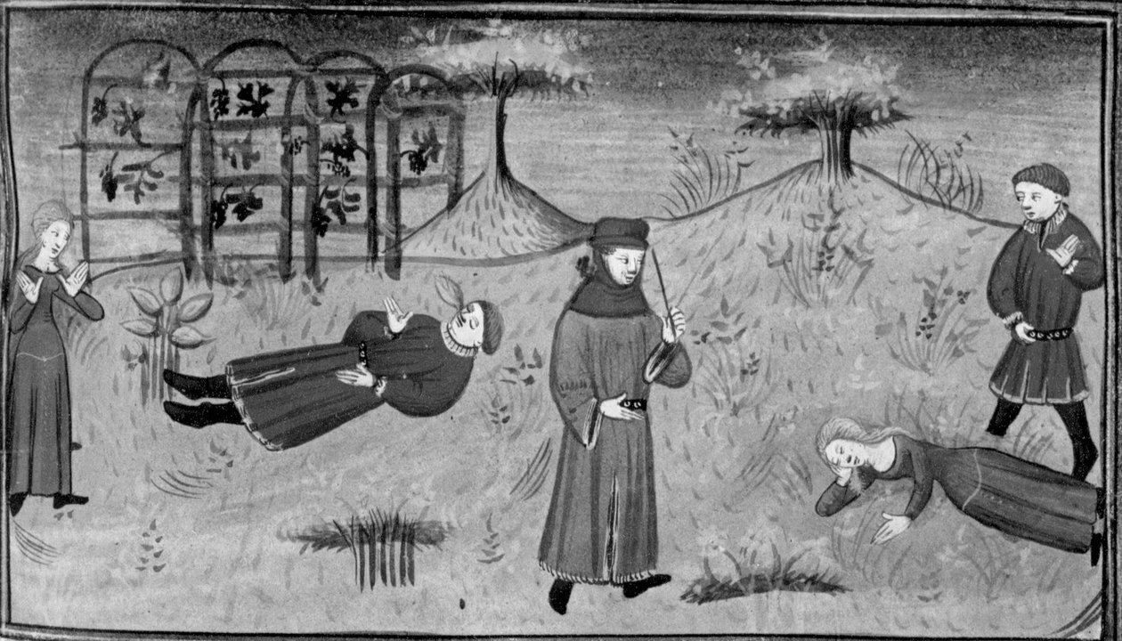 Decameron, Simona sörjer Pasquinos död; Simona faller död ner inför domaren. Fjärde dagen, novell 7 av Giovanni Boccaccio