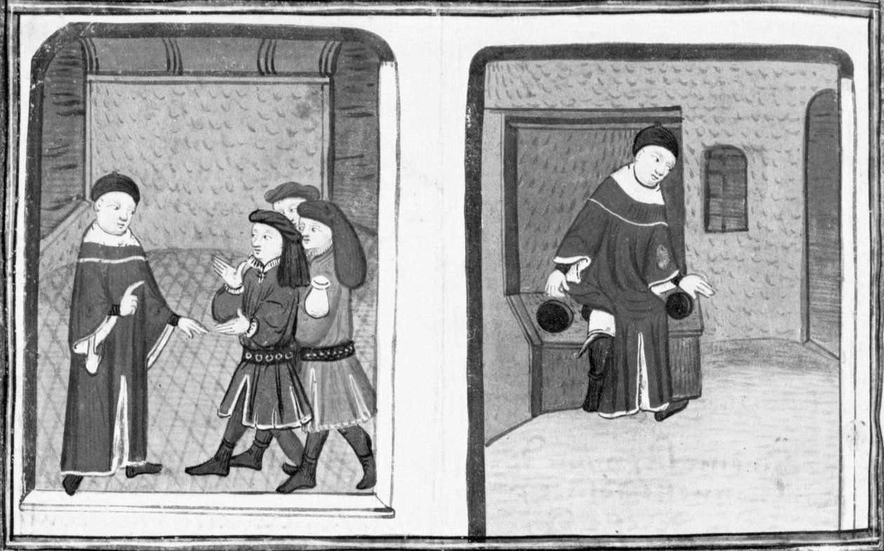 Decameron, Simone da Villa talar med Bruno och Buffalmacco; mästaren faller ner i en latrin. Dag åtta, novell 9 av Giovanni Boccaccio