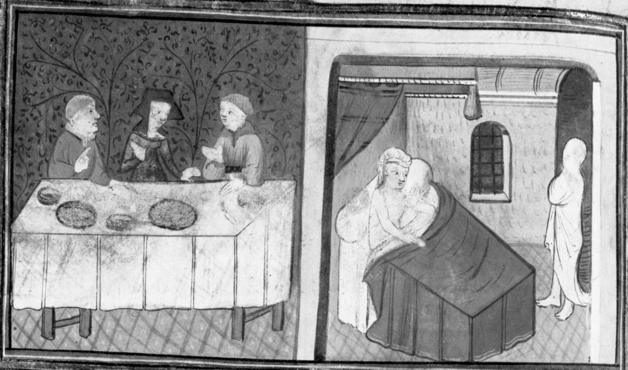 Decameron, Tingoccio och Meuccio sitter till bords med Madame Mita; efter sin död besöker Tingoccio Meuccio för att berätta om sina intryck av livet efter detta. Dag 7, novell 10 av Giovanni Boccaccio