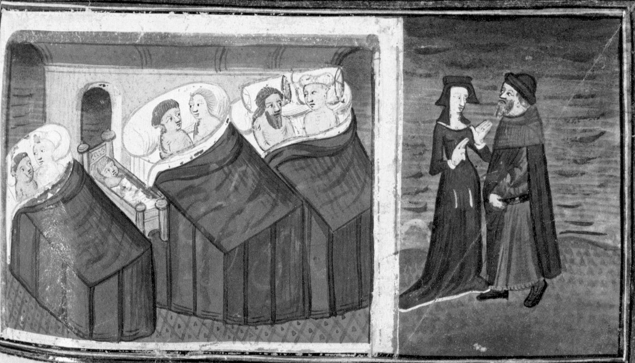 Decameron, Tre par sover i ett rum, värdshusvärden pratar med sin fru. Nionde dagen, novell 6 av Giovanni Boccaccio