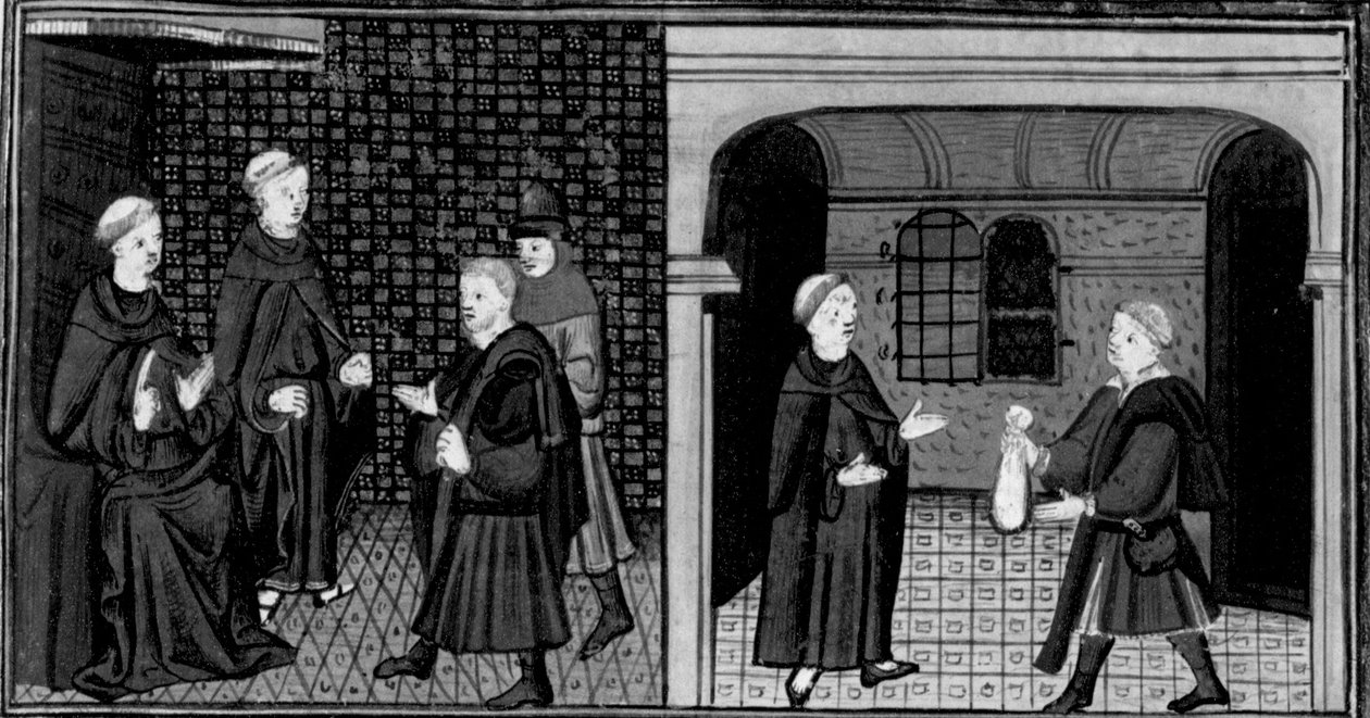 Decameron, En inkvisitor frågar ut en man; mannen ger inkvisitorn pengar. Första dagen, nyhet 6. av Giovanni Boccaccio