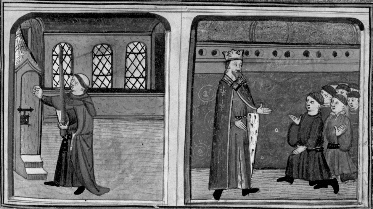 Decameron, En brudgum knackar på drottningens dörr förklädd till kung; kungen konfronterar sina tjänare. Tredje dagen, novell 2 av Giovanni Boccaccio