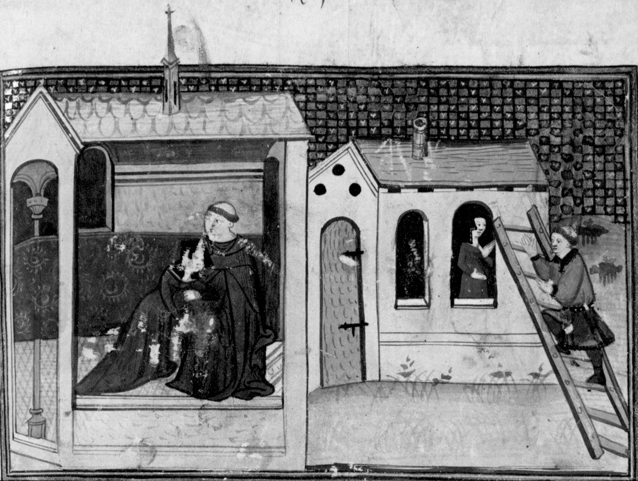 Decameron, En kvinna går till kyrkan för att bikta sig; en ung man besöker kvinnan. Tredje dagen, novell 3 av Giovanni Boccaccio