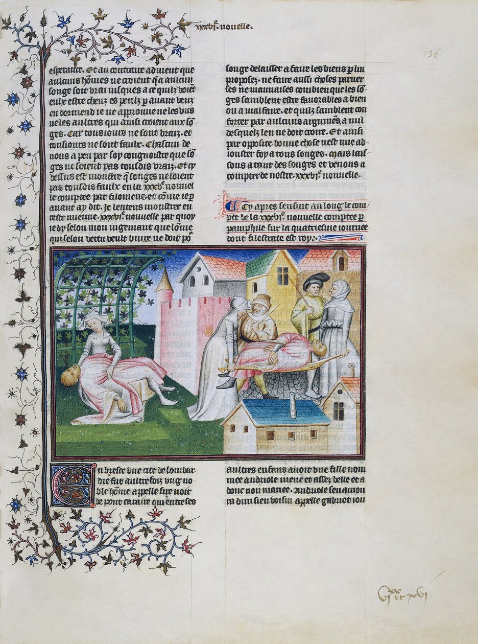 Gabriotto dör i Andreuolas armar, Andreuola tar hem sin kropp och arresteras, Andreuola förklaras oskyldig och blir nunna, miniatyr av Decameron, fjärde dagen, sjätte sagan, av Giovanni Boccaccio (1313-1375) av Giovanni Boccaccio