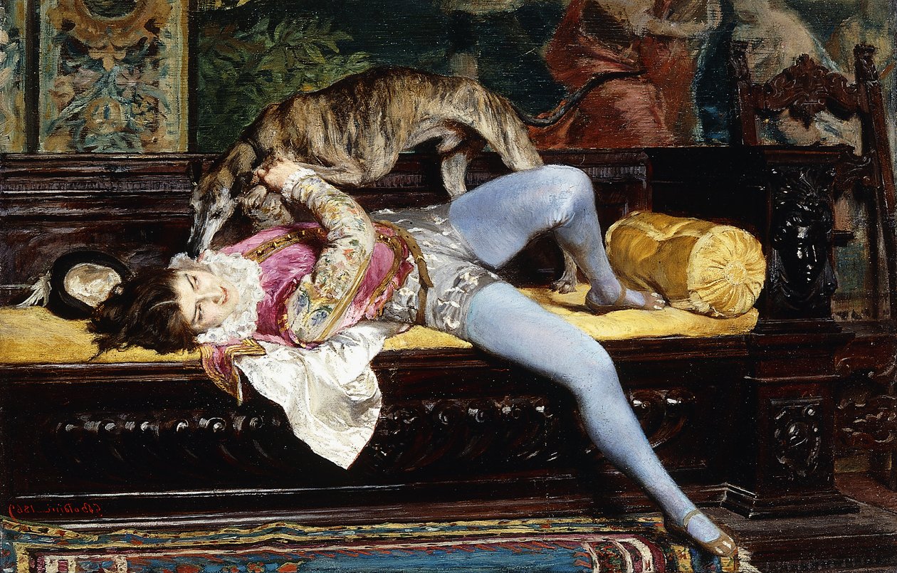 En ung sida som leker med en vinthund; En ung sida, leker med en vinthund, 1869 av Giovanni Boldini