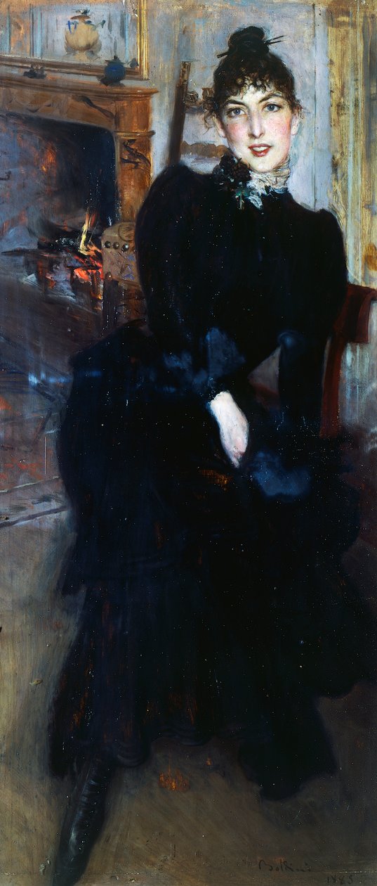 Alaide Banti vid den öppna spisen (olja på panel) av Giovanni Boldini