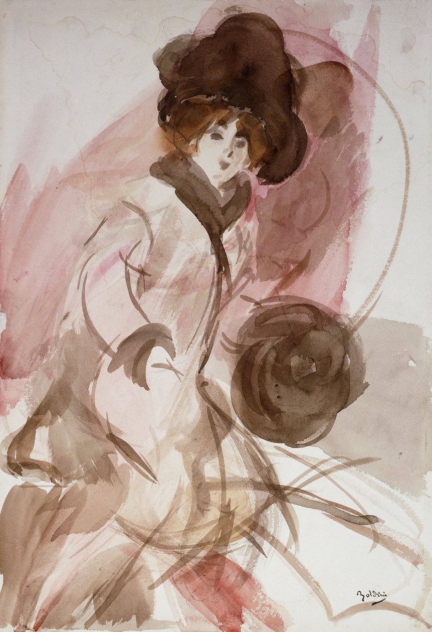 En elegant dam med en muff, c.1910-12 av Giovanni Boldini