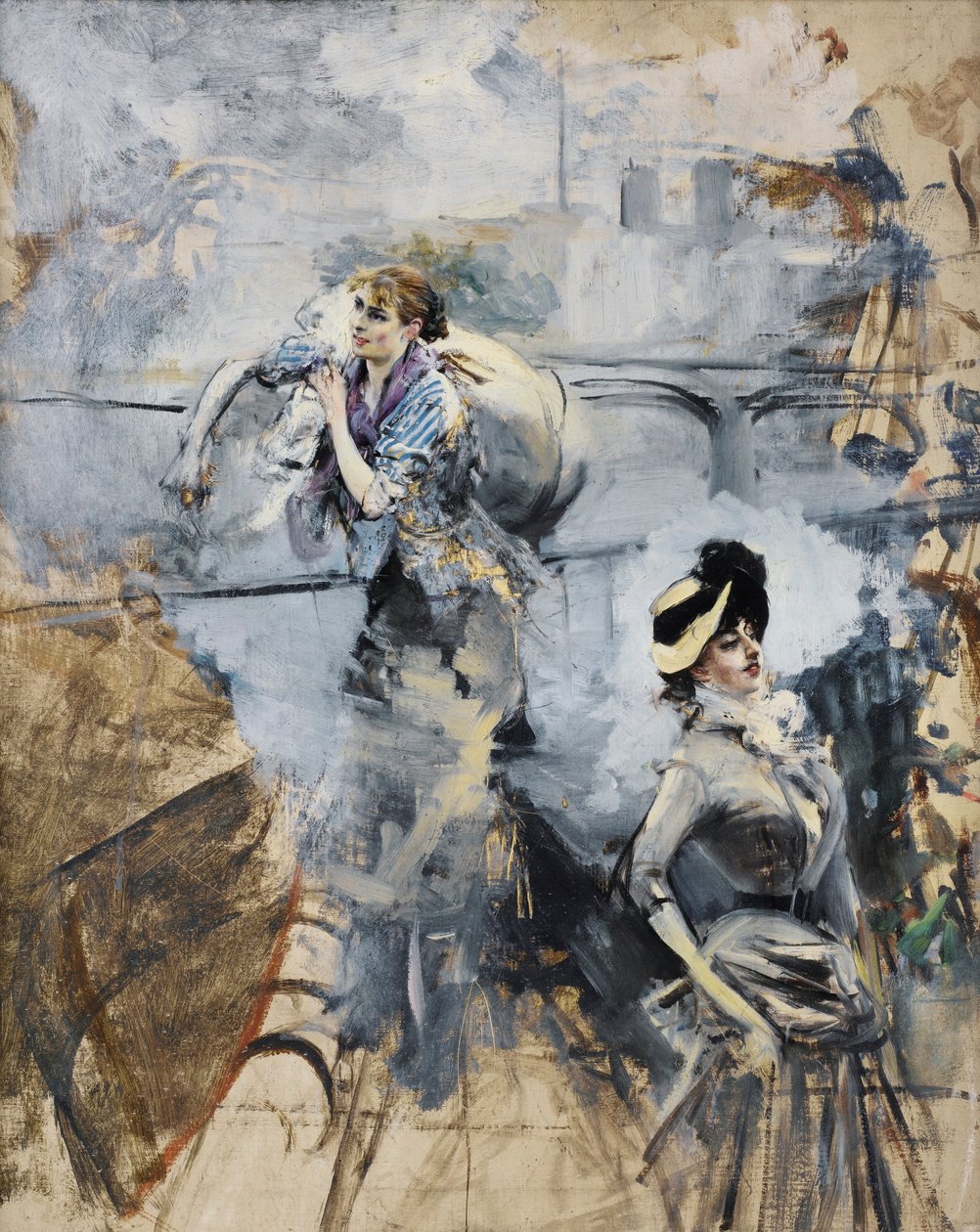Boldini - TVÄTTFRUKTARE OCH UNG BRUNETTE VID SJÖN, PARIS av Giovanni Boldini