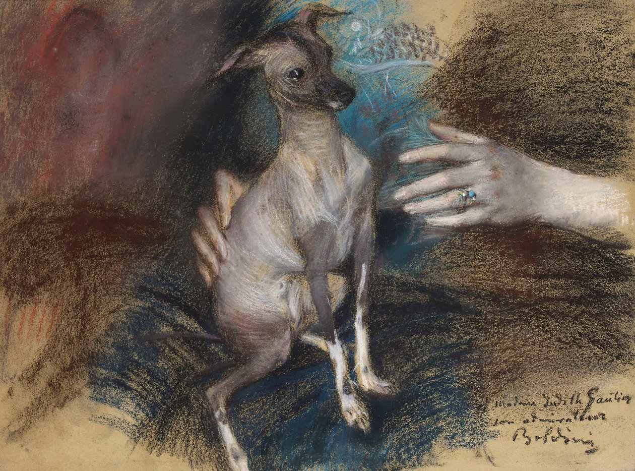 Elegant dam med en hund (pastell & kol på papper) av Giovanni Boldini