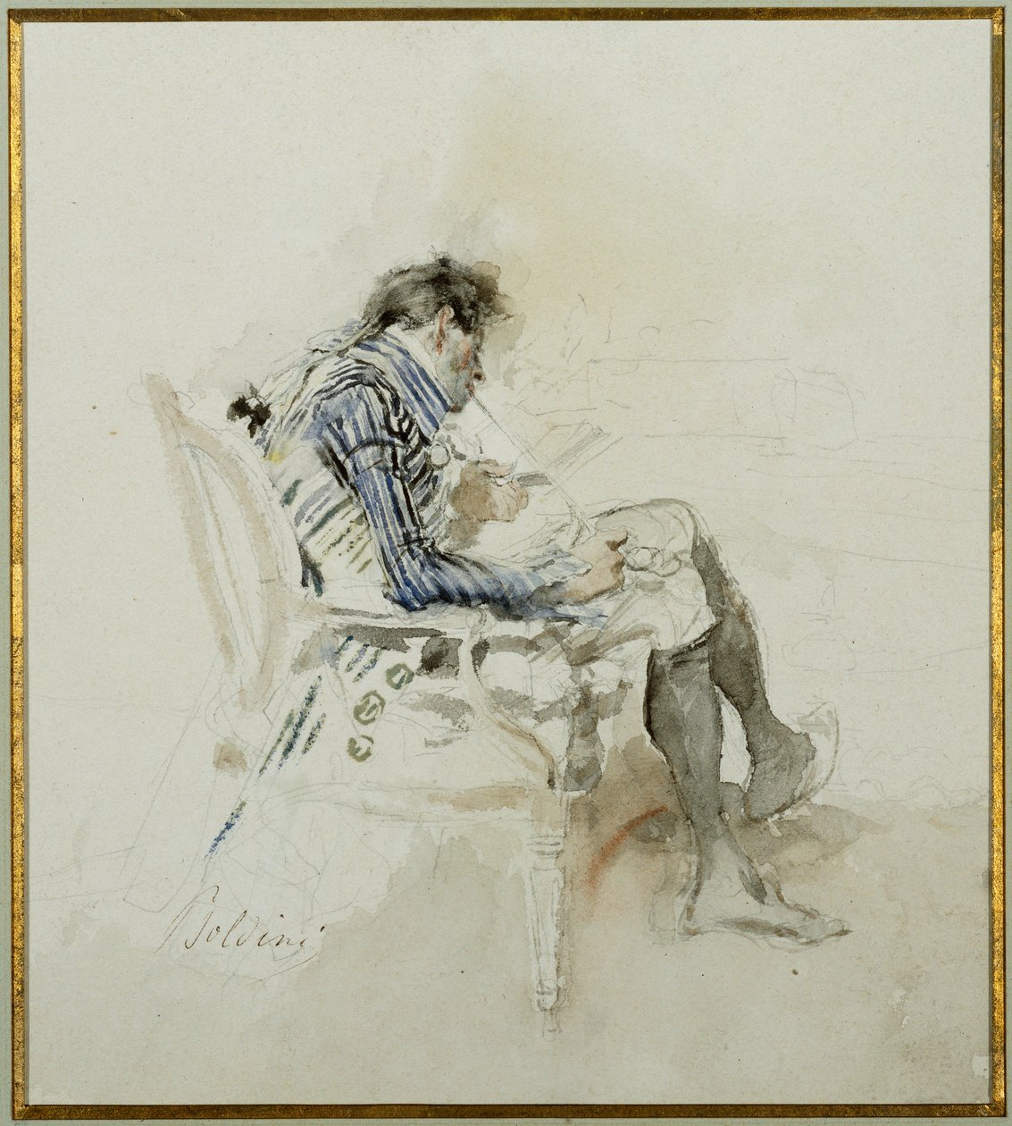 Gentleman sitter i en fåtölj och läser en bok och röker en pipa av Giovanni Boldini