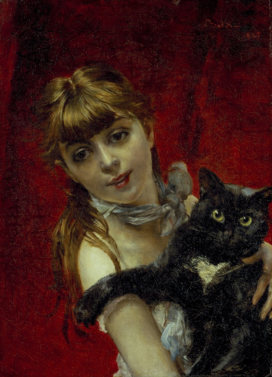 Flicka med svart katt, ca 1885 (olja på duk) av Giovanni Boldini
